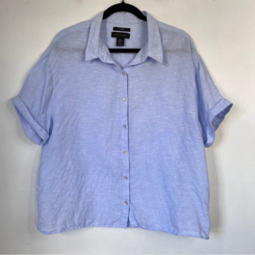 Tahari 100% Linen Boxy Short Sleeve Shirt Women's XL Casual Coastal Summer